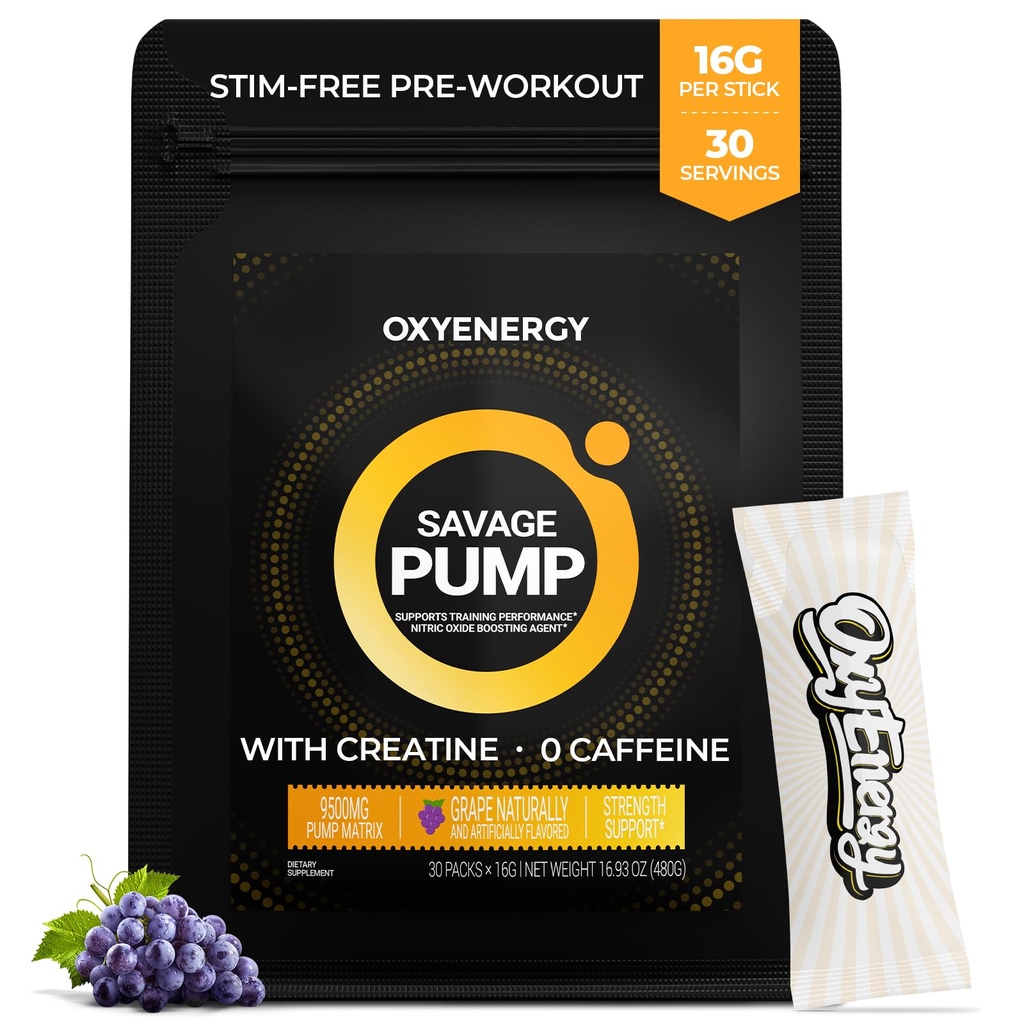 OxyEnergy Nitric Oxide Booster, Max Pump Non Stim Pre Workout Powder for Men, with Beta Alanine, L Citrulline, Creatine for Circulation, Muscle Pumps, Endurance, Grape, On-The-Go Packet- 30 Servings