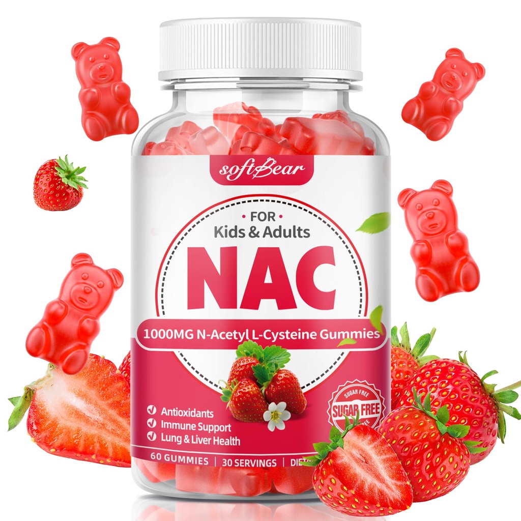 softbear NAC Gummies for Kids & Adults, NAC Supplement 1000mg N Acetyl Cysteine Supports Lung & Liver Health, Antioxidants & Immune System, Strawberry Flavor 60 Count