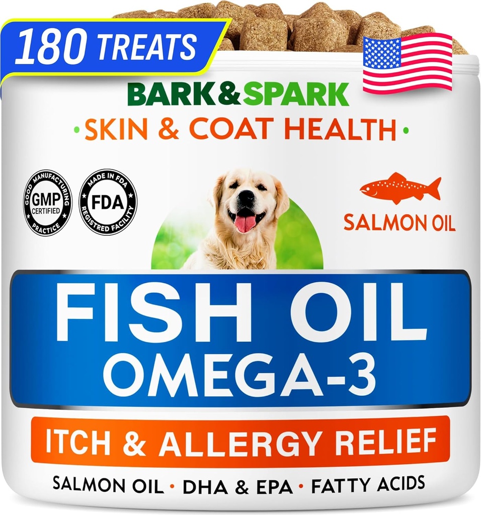 BARK & SPARK Omega 3 for hund - 180 fiskeoljebehandlinger for hundshedding, hudallergi, kløe relief, varme flekker behandling - felles helse - hud og coat supplement - EPA & DHA fettsyrer - Canine Salmon Olje