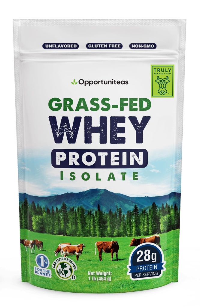 Opportuniteas Grass Fed Whey Isolate Protein Powder – Unflavored, Heavy-Metal Tested, 28g Protein, Sourced from Ireland, Hormone-Free, Non-GMO, Packaged in USA – 1lb