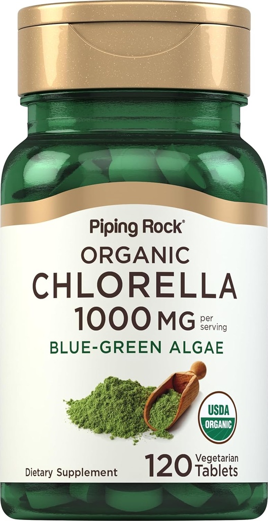 Piping Rock Chlorella | 1000mg | 120 Tablett | Blue-Green vetikad | Broken Cell Wall Organic | Non-GMO, Gluteenivaba täiendus