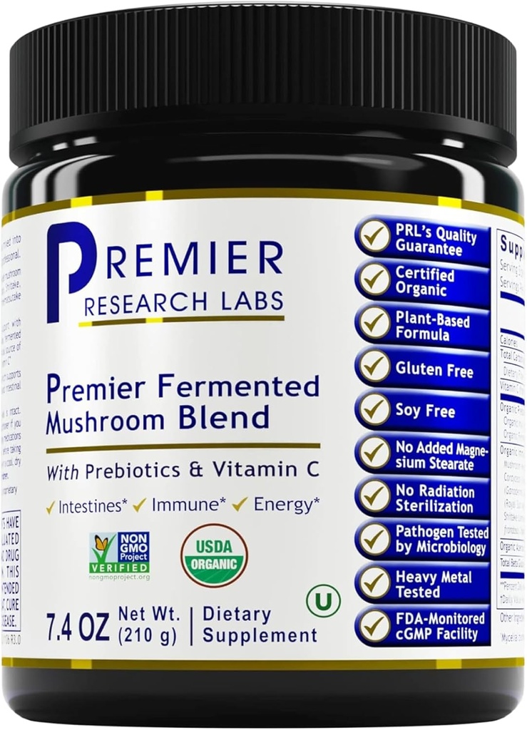 Premier Research Labs Premier Fermented Mushroom Blend - Reishi Mushroom Powder, Mushroom Extract for Drinks, Coffee, Mushroom Complex with Turkey Tail, Cordyceps for Immune & Gut Health - 7.4 oz