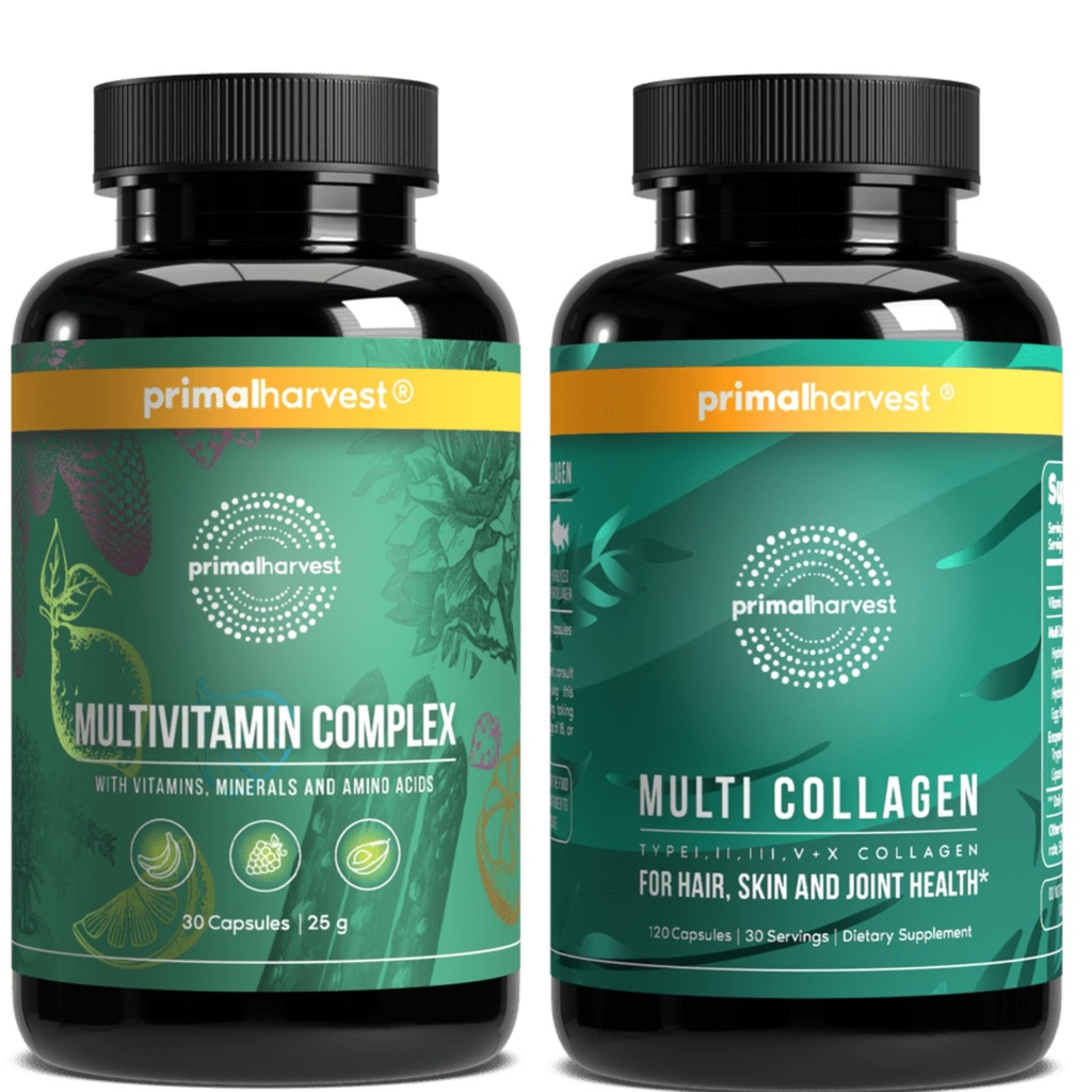 Primal Harvest Multivitamin & Collagen Supplements for Women and Men Multi Vitamin Capsules and Collagen Peptides Pills Bundle