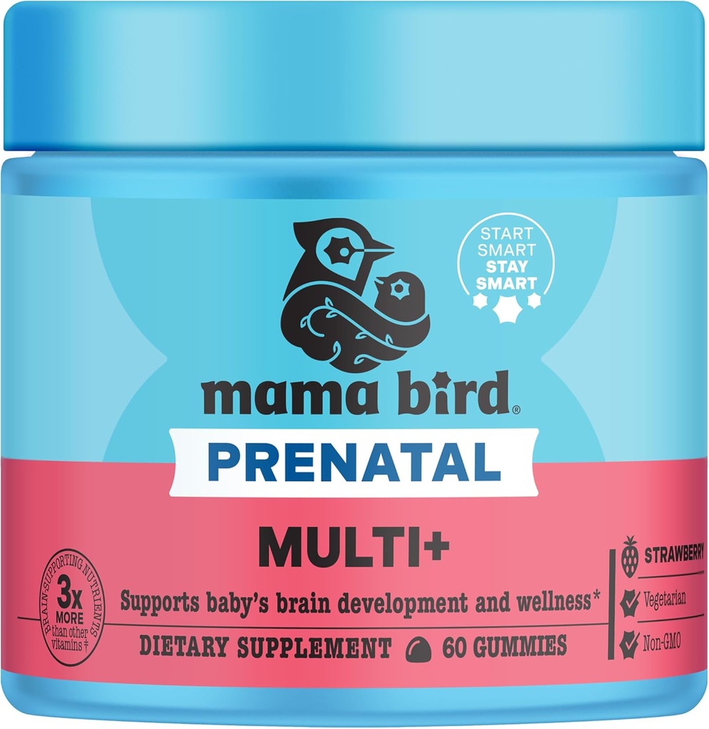 Geriausias Nest Wellness Mama Bird Prenatal Multi Plus - Prenatal Priežiūra priedas Palaiko smegenis & Digistive Health - Vegan Multivitaminas su Metilfolate & More - braškių, 60 Gummies (30 Servings)