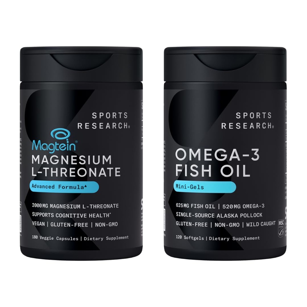 Sports Research® Cognitive Health Support Large Pack with Fish Oil Mini-Softgels (Easy to Swallow) Omega-3 Fatty Acids from Wild Caught Alaska Pollock & Magtein Magnesium L-Threonate Supplement