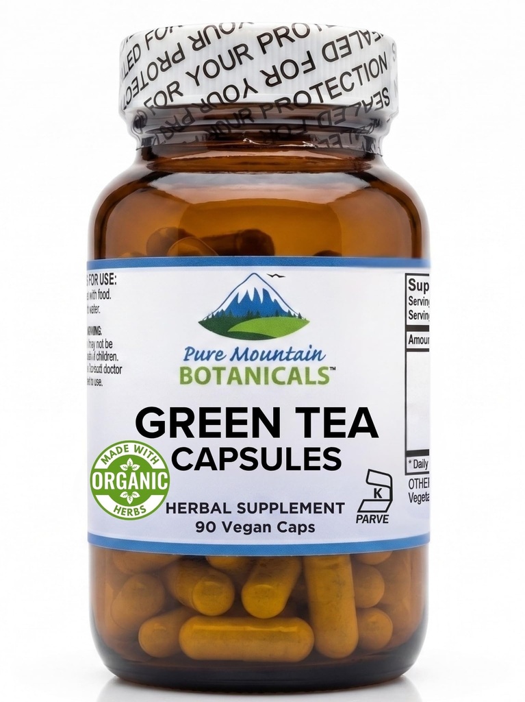 Pure Mountain Botanicals Green Tea Extract Capsules - EGCG Supplement - 90 Veggie Caps - 450mg - 50% EGCG - 98% Polyphenols - Kosher - Vegan - Organic Herbal Leaf Formula