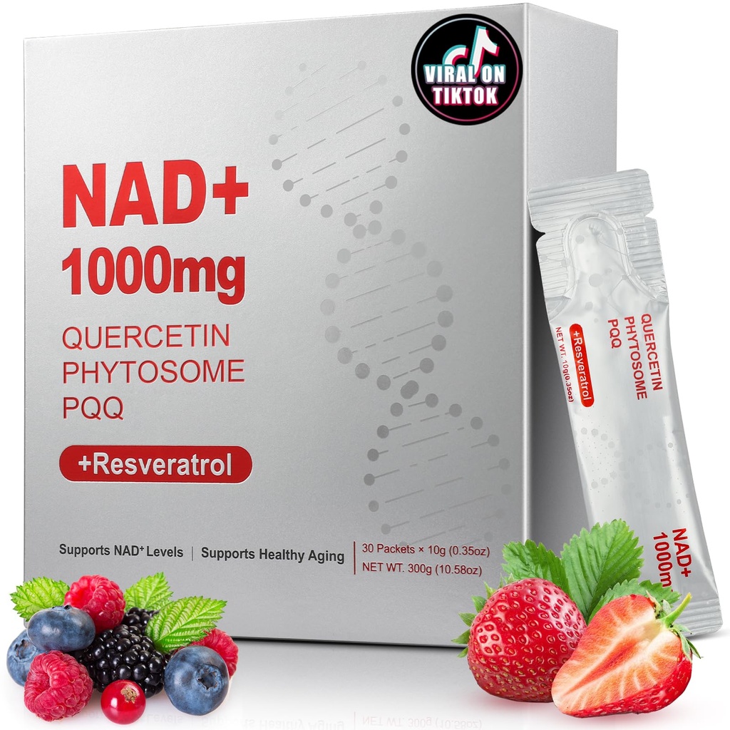 1000mg High-Potency NAD+ Liquid Supplement, Quercetin Phytosome & Resveratrol with PQQ, Boosts Cellular Energy, Focus & Healthy Aging - 1 Pc