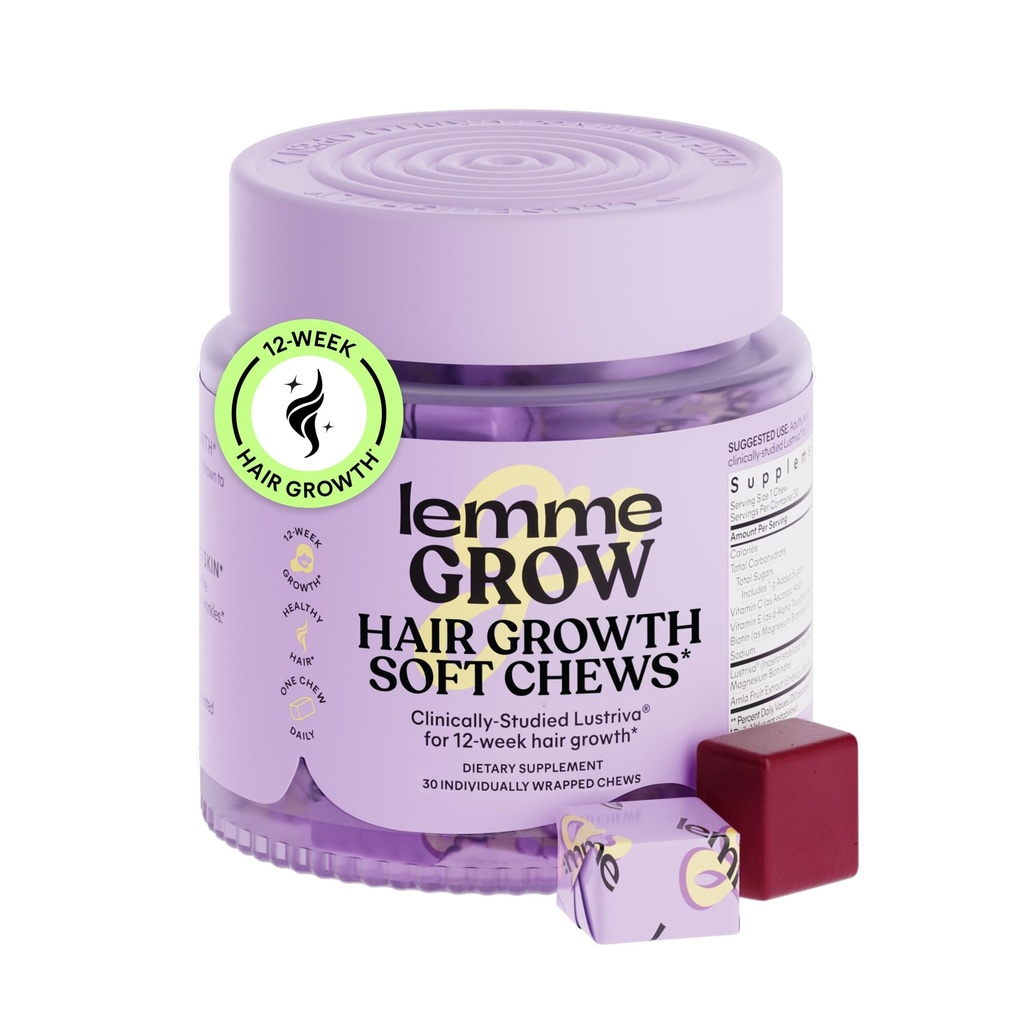 Lemme Grow Hair Growth Booster Soft Chews w/Vitamins for Women and Men with Clinically Studied Lustriva and Biotin, Promotes Thicker, Fuller, Stronger Hair, Mixed Berry, 30 Day Supply