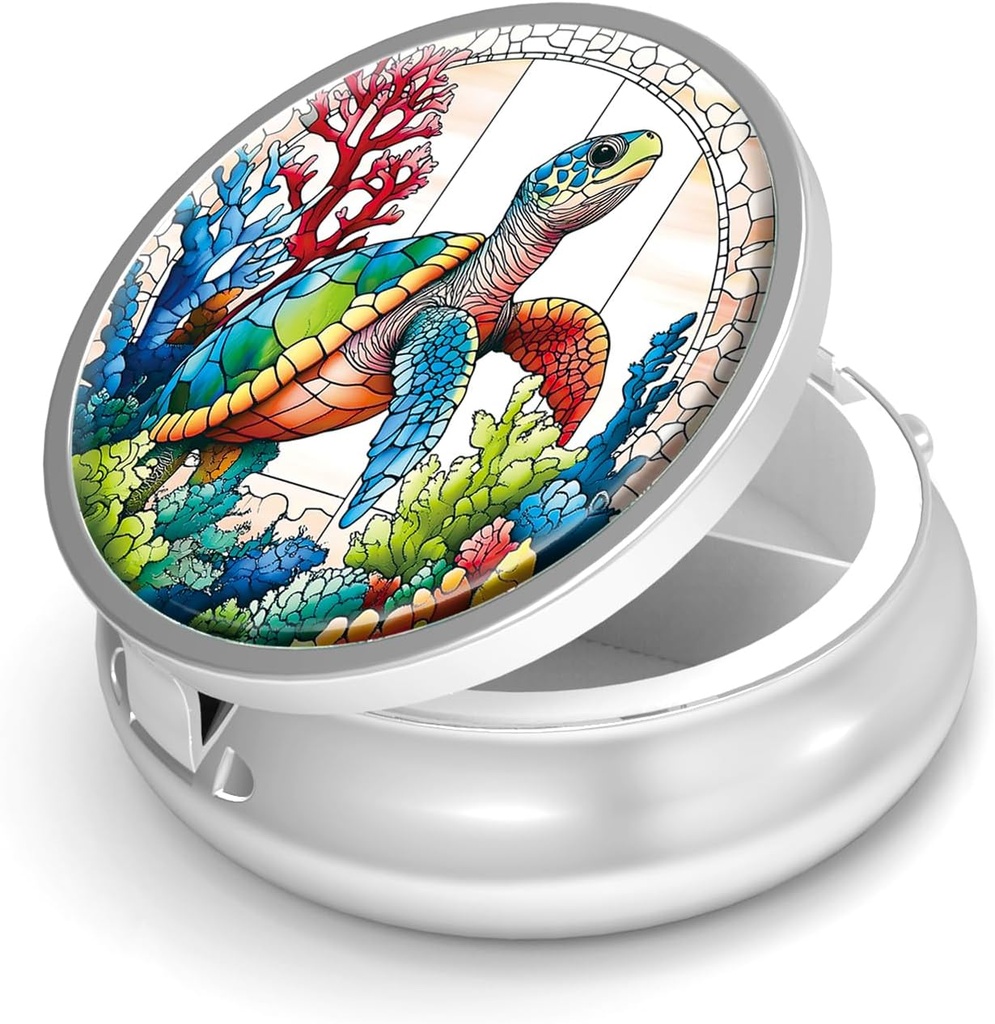 Pill Box-3 Konpartimentu txikia Purse & Pocket Mini Metal Pill Holder Bidaia Pill Edukiontzi osagarriak bitaminak BPA-Free (Sea Turtle) edukitzeko