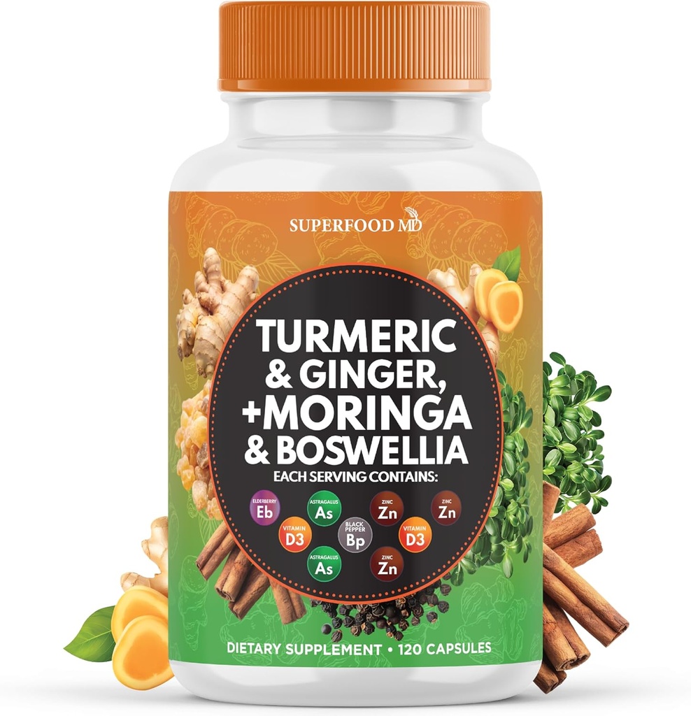 Supplément Turmeric Moringa de Ginger, Boswellia, Safran, Saint Basilic- Supplément de soutien conjoint pour les femmes et les hommes avec Ceylan Cinnamon, Quercetin, Tart Cherry- 120 comte