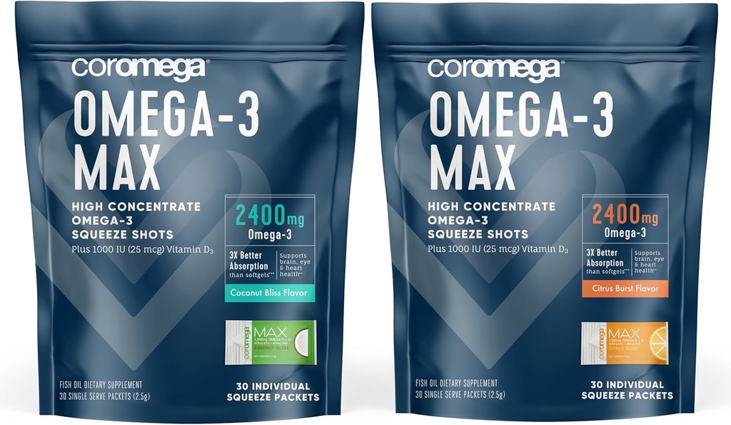 Coromega Omega-3 kalaõli komplekt - 2400mg Omega-3s + D-vitamiin, 3X parem imendumine, kala maitse puudumine, kookospähkli õndsus ja tsitrusviljade purunemine Maitseained, 60 pressitud pakendit