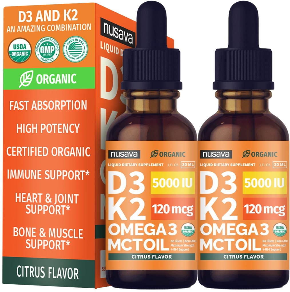 (2 Pack) Organic Vitamin D3 K2 Drops with MCT Oil & Omega 3 - Liquid Vitamin D3 5000 IU - K2 D3 Vitamin Supplement - Vitamin D Drops for Women & Men - No Fillers, Non-GMO, GMP, Citrus Flavor (2 Fl Oz)