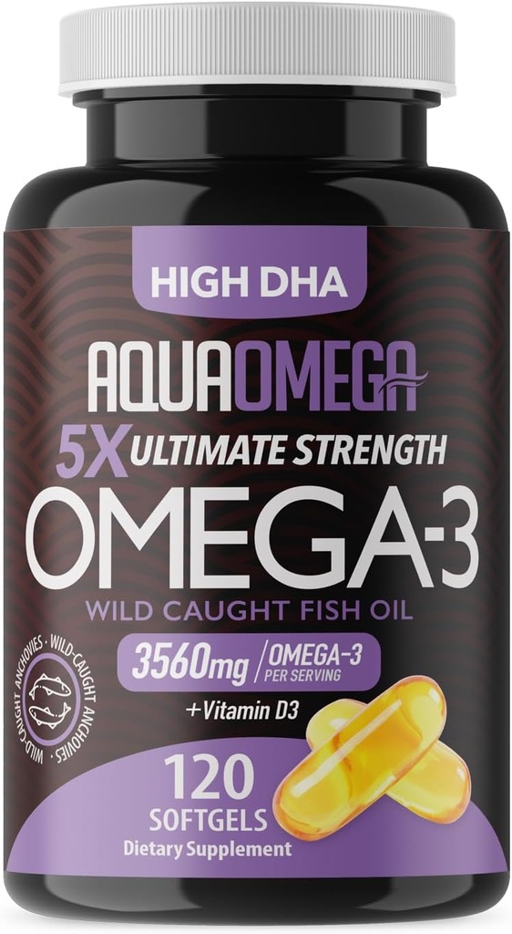 5X Ultimate Strength Omega 3 Rybí olej doplňky s EPA a DHA Omega33 mastné kyseliny a vitamín D, Neškodlivý rybí olej Omega3 s vysokým DHA doplňky, Neochucené Omega3 dodatek, 120 Softgels