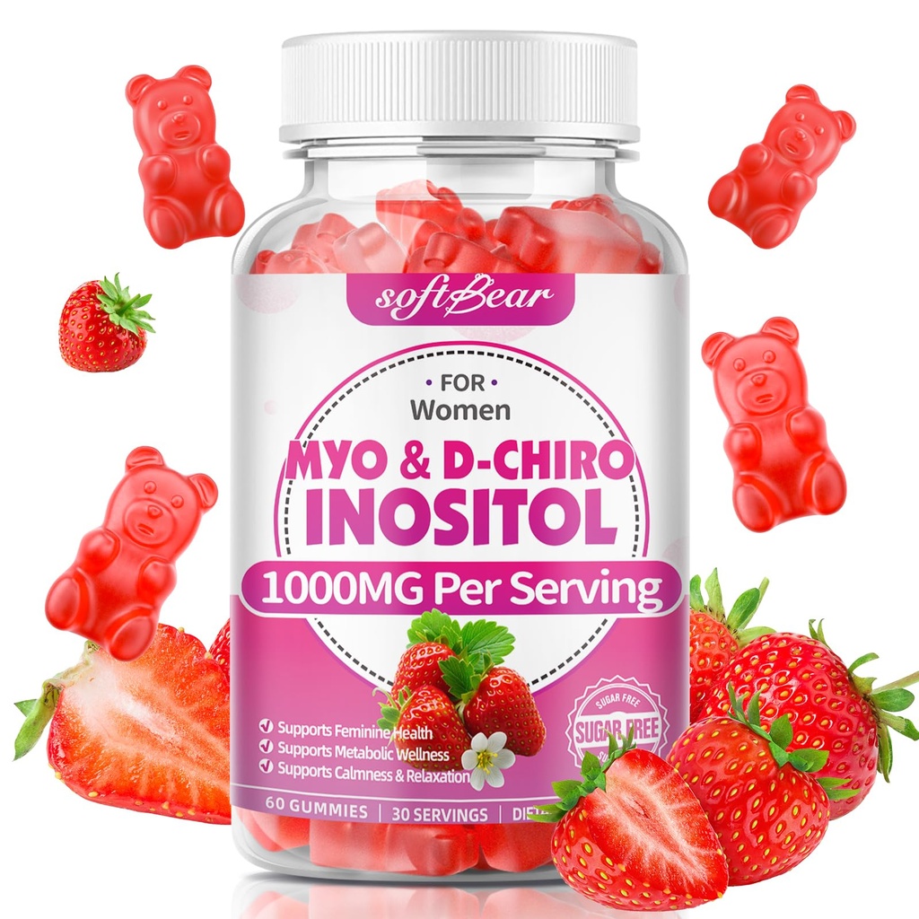 softbear Inositol Supplement for Women, Myo-Inositol & D-Chiro Inositol Gummies Ideal 20:1 Ratio for Female Health & Wellness, Sugar-Free/Veagn/GMO-Free, Strawberry Flavor, 60 Count