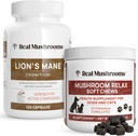 Real Mushrooms Lion 's Mane for Humans (120ct) & Mushroom Pet Relax Chews (60 Chews) - Bundle for Cognition & Relaxation - Vegan, Non- GMO, Gluten- Free, Grain- Free Mushroom Extract Supplements