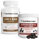 Real Mushrooms Lion’s Mane for Humans (120ct) & Mushroom Pet Relax Chews (60 Chews) - Bundle for Cognition & Relaxation - Vegan, Non-GMO, Gluten-Free, Grain-Free Mushroom Extract Supplements