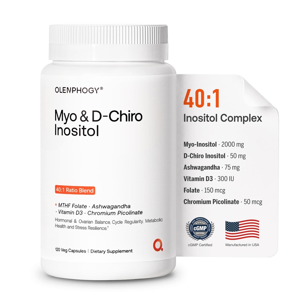Inositol Supplement for Women – Premium 40:1 Myo & D-Chiro Inositol Complex for Hormonal Balance, Cycles & Mood Support – with Ashwagandha, MTHF Folate, Vitamin D3 & Chromium – 120 Veg Capsules