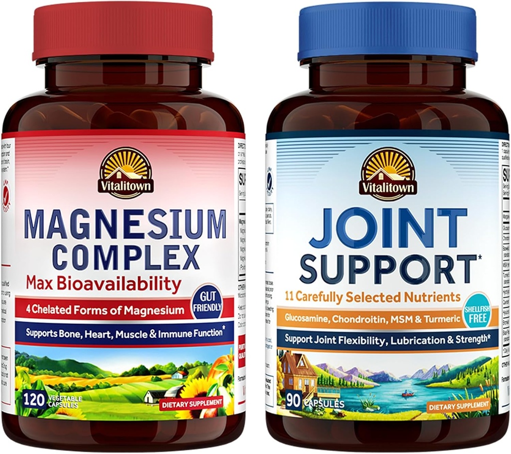 Vitalitown Magnesium + Glucosamine Chondroitin MSM Bundle (balení po 2); komplex hořčíku (bod 1) a společná podpora * (bod 2)