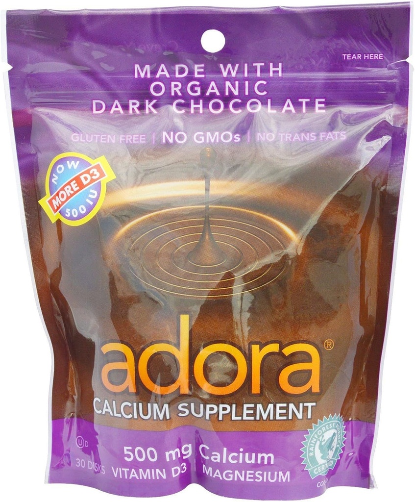 Adora Kalsium Supplement Disk, Økologisk mørk sjokolade, 30 greve (Pack of 12)
