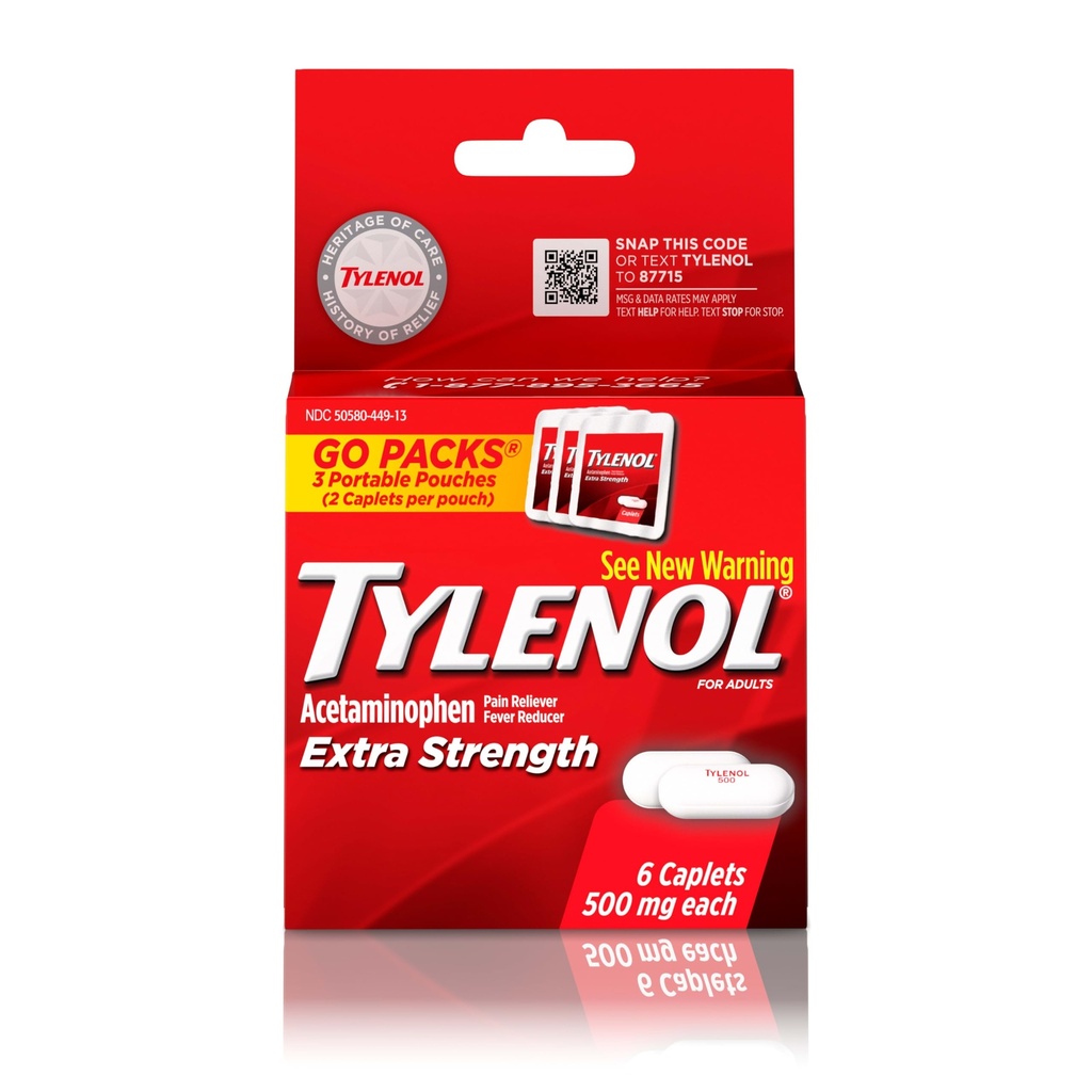 Tylenol Extra Strength Caplets, 500 mg Acetaminophen, Travel Size, 6 ct | Pain Reliever & Fever Reducer, Minor Arthritis Pain, Headache, Backache & Menstrual Pain Relief