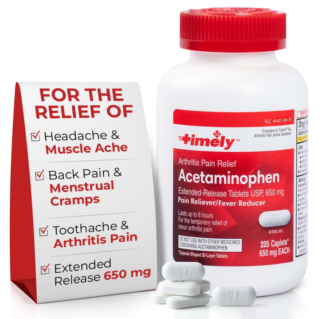 TIME-Cap Labs 225 Caplets Extended Release Acetaminophen 650mg - Pain Reliever & Fever Reducer for Adults, Helps with Headaches, Backaches, Muscle Pain, Toothaches & Menstrual Cramps