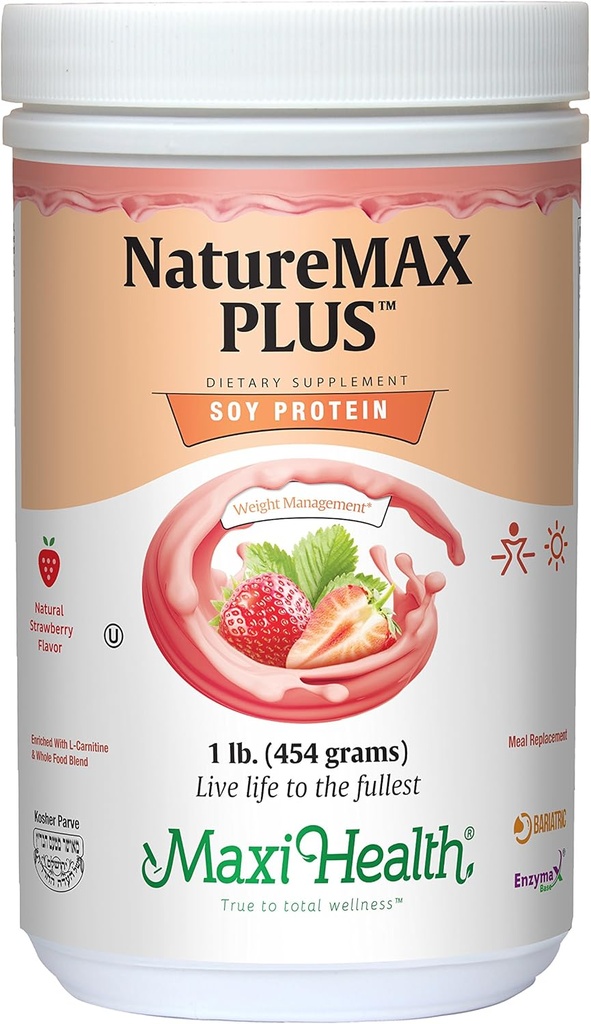 Maxi-Health NatureMAX PlusTM 能量支持 饮用大豆蛋白粉 - 无糖饮食补充剂 - 20g 蛋白质 Per service - 天然草莓 Flavor - Kosher 维生素 - 1lb