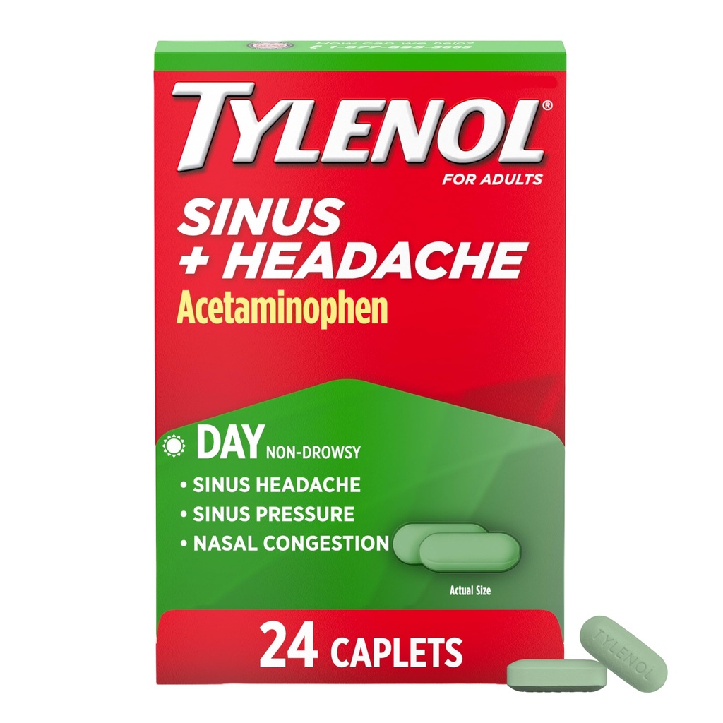 Tylenol Sinus + Headache Daytime Non-Drowsy Relief Caplets, Acetaminophen 325mg, Phenylephrine HCI 5mg, Nasal Decongestant for Sinus Pain, Headache & Nasal Congestion Relief, Fever Reduction, 24 Count