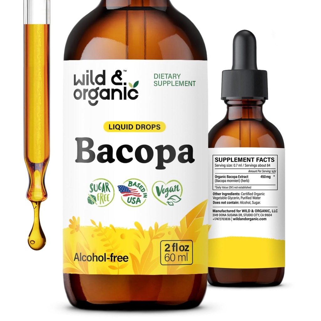 Wild & Organic Bacopa Monnieri Supplement - Focus & Clarity - Liquid Bacopa Supplements for Brain Support - Brahmi Extract to Add to Tea - Vegan, Sugar & Alcohol-Free Drops - 2 fl oz