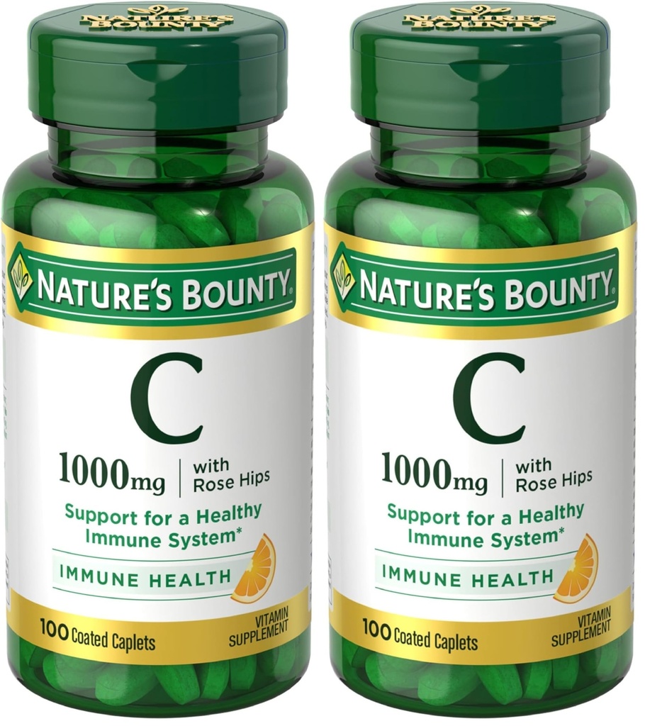 Nature's Bounty Vitamin C + Rose HIPS,Immune Support,1000mg Vitamin C,Coated Caplets,1 Serving per Day,Vegetarian Caplets,100 Ct,(Pack of 2)