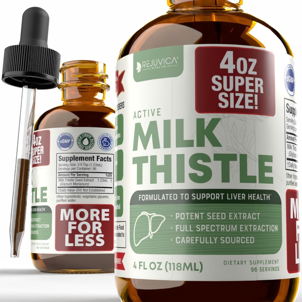 Rejuvica Health Active Milk Thistle 4oz XL Super Size - Advanced Milk Thistle Seed Liquid Extract Drops - Kann die Leber unterstützen - Vegan Sugar Free Non GMO Tincture
