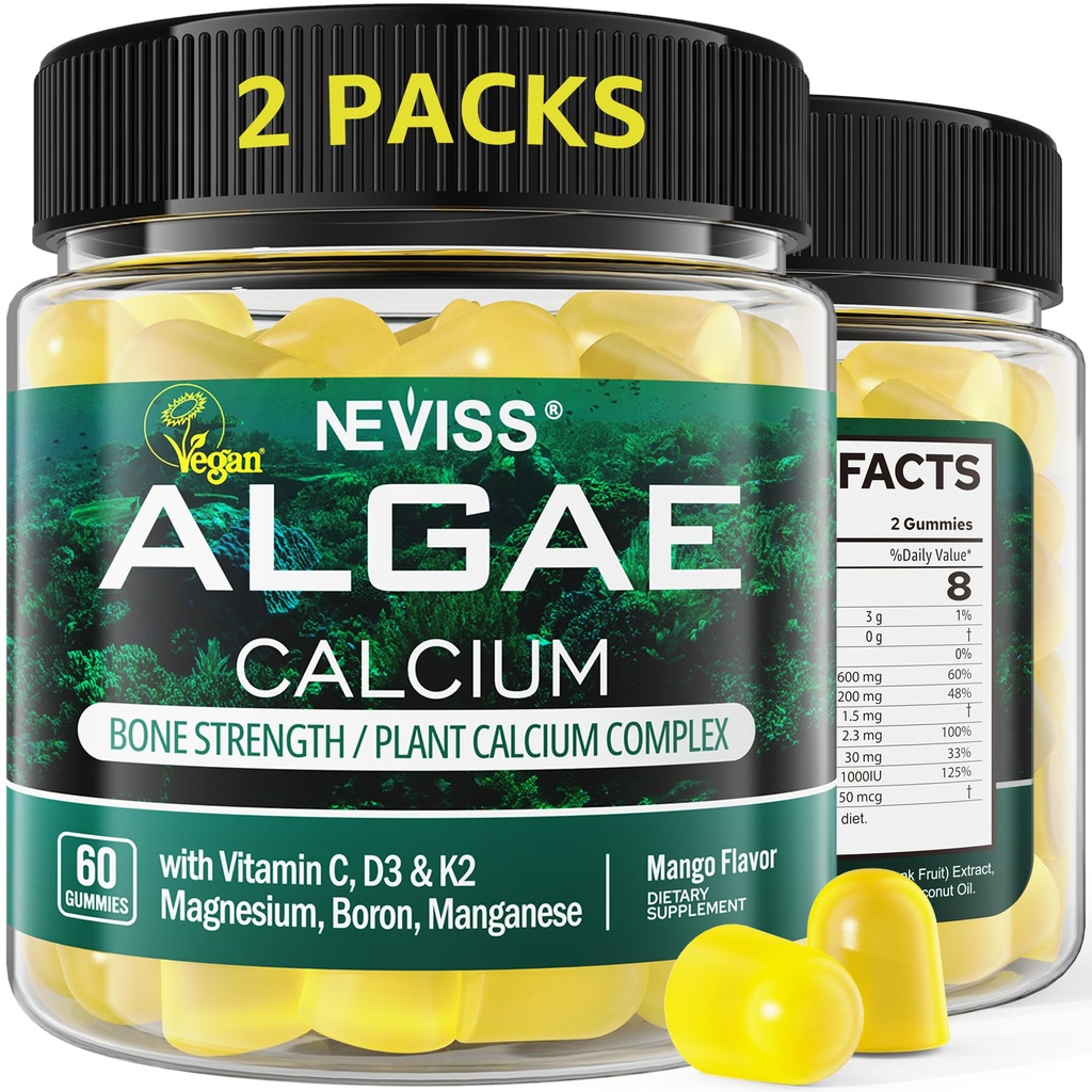 (2 Pack) Calcium Gummies for Women, Sugar Free Calcium Supplement from Sustainable Algae (3rd Party Tested) with Vitamin D3 K2, C, Zinc, Boron, Manganese for Bone Strength, Calcium Absoption, Vegan