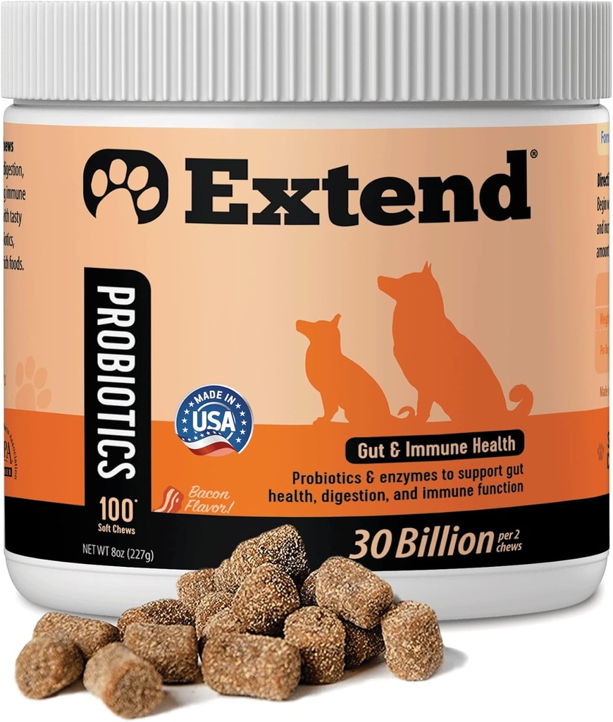 Extended ® Probiotics for Dogs - Emésztési egészség, Immunrendszeri, Allergia és bőr támogatás - Csökkentése Gastric distress, puffadás, székrekedés, hasmenés - Természetes, Clinically- Proven, Made in USA