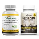 Vegan Vitality Brain Nutrition Bundle - Lions Mane Nootropic Capsules and Vegan Multivitamins. High Strength Plant-Based Supplements for Memory and Focus and Overall Health for Vegans and Vegetarians