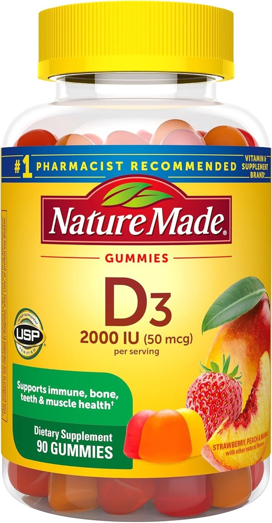 Man Nature Made Vitamin D3 2000 IU Per Serving Gummies, Bone, Teeth, Muscle and Immune Health Support, 45 Day Supply, 90 Vitamin D Gummies for Adults