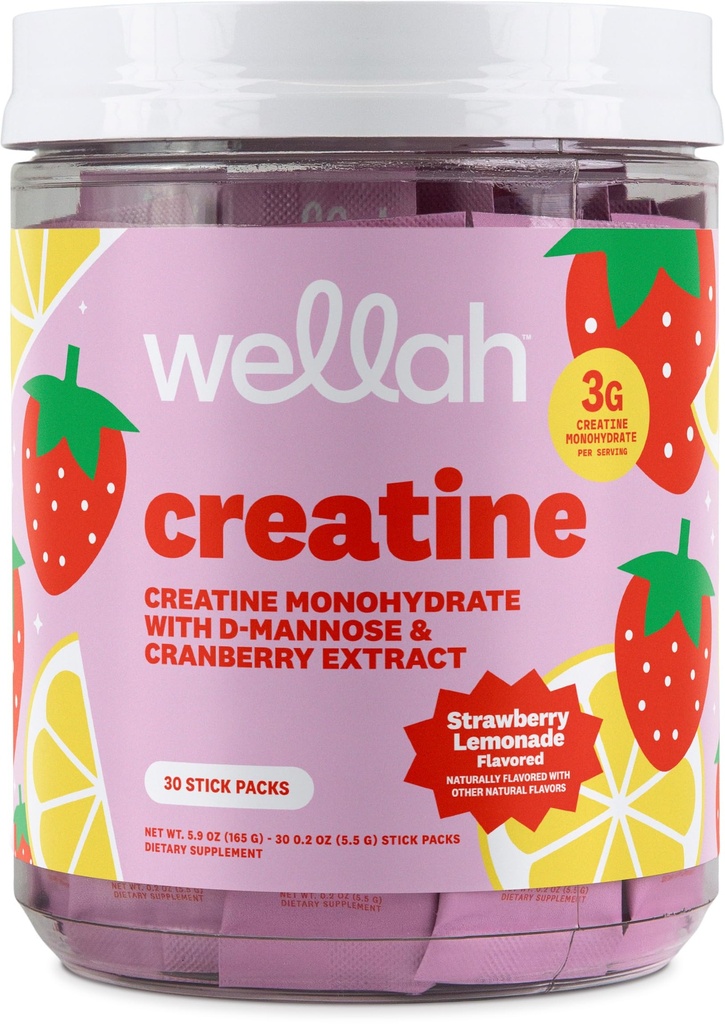 Wellah Creatine for Women (Strawberry Lemonade) 30 Stick Packs - 3g of Creatine Monohydrate with Dandelion & Cranberry Extract, to-Go Packets