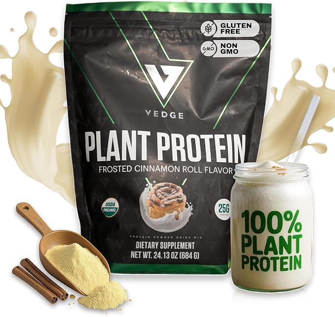 VEDGE Vegan Protein Powder - Plant Protein Powder with Pea, Pumpkin & Sunflower - USDA Organic, Amino Acids, Dairy Free, Gluten Free, Soy Free, Keto, Non GMO, Smooth Texture - Cinnamon - 20 Servings