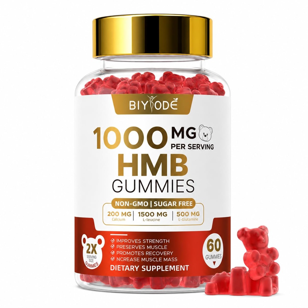 HMB Gummies for Women 1000mg HMB: 1500mg L-Leucine 500mg L-Glutamine Muscle & Bone Support with Calcium Sugar-Free Non-GMO Strawberry Flavor 60 Gummies