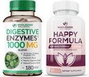 Enzimas Digestivas de Bem-Estar Saudáveis 1000MG Plus Prebióticos e Probióticos Suplemento + Fórmula feliz Natural Stress Formula Alívio Suplemento para Mulheres e Homens Bundle