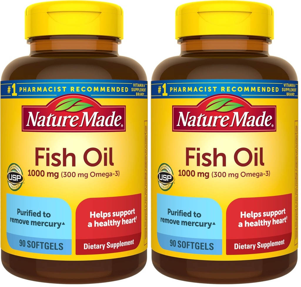 Nature Made Fish Oil Omega 3 Supplements, 1000 mg Softgels, Omega 3 Fish Oil for Healthy Heart Support, 90 Softgels, 45 Day Supply (Pack of 2)