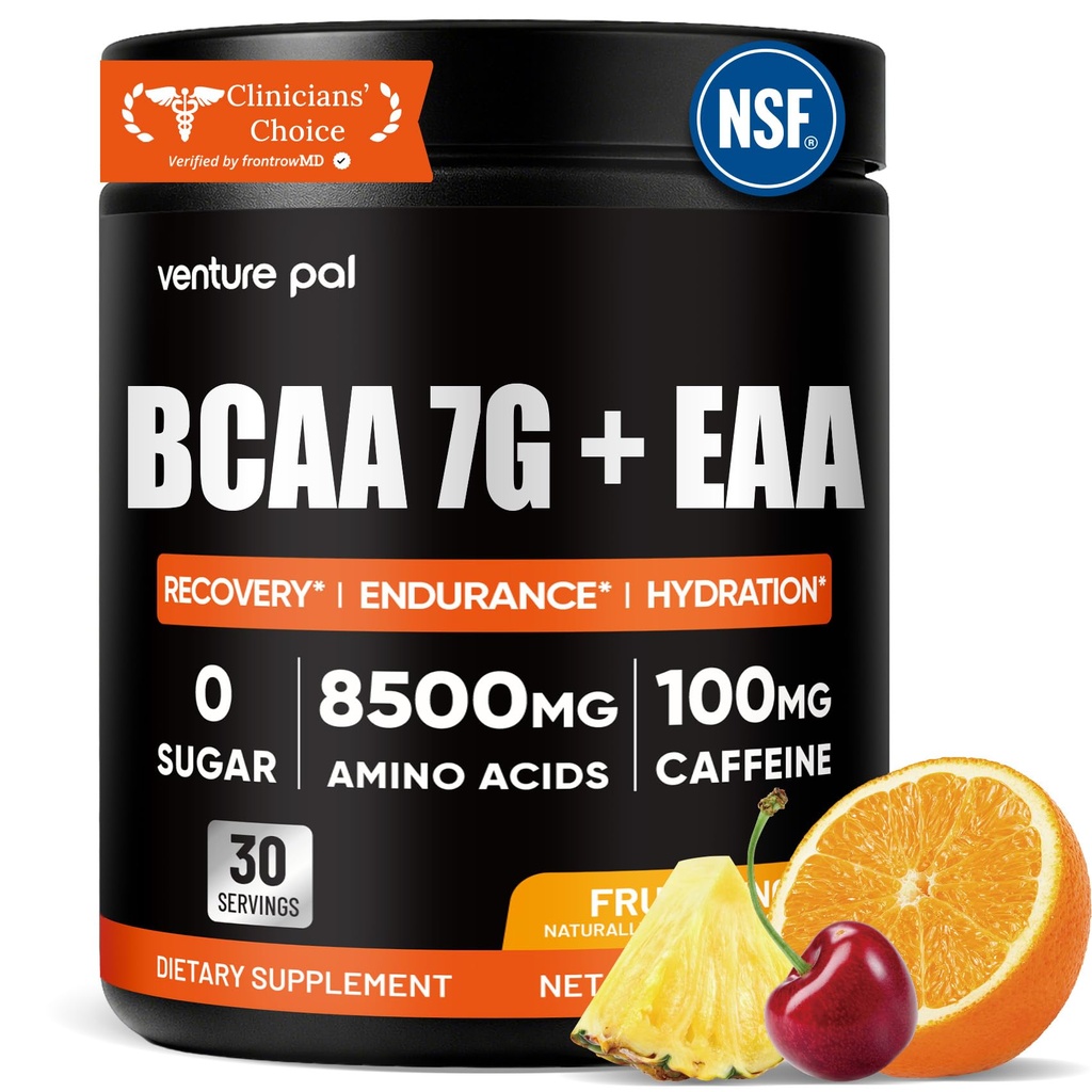 Venture Pal Sugar Free 7g BCAA + EAA Powder | Supports Muscle Recovery, Growth, Strength & Endurance – 9 Essential Amino Acids with L-Glutamine, Caffeine, Vitamin & Electrolyte for Energy & Hydration