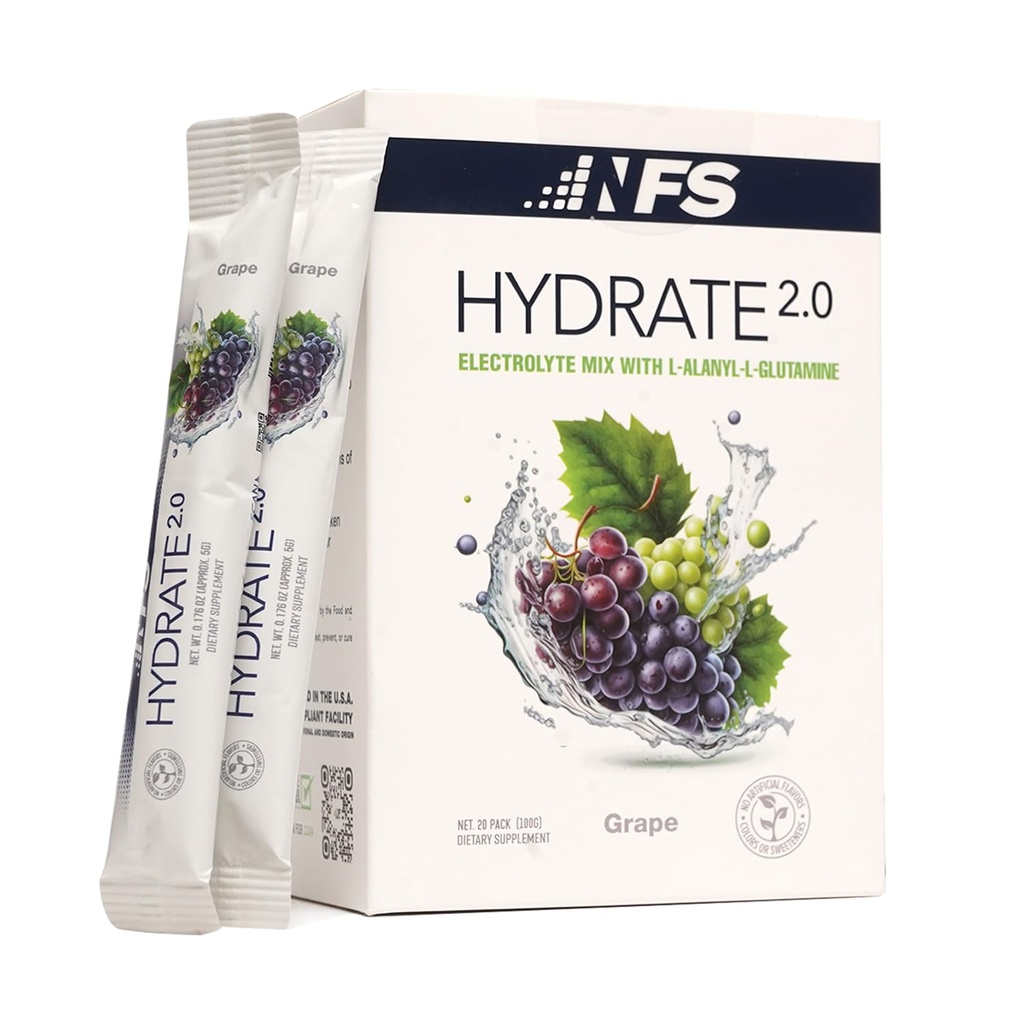 Hydrate 2.0 Electrolytes Hydration Powder Packets – Advanced Hydration & Recovery Formula with L-Alanyl-L-Glutamine | Faster Hydration & Performance Recovery | 20 Packets (Grape)
