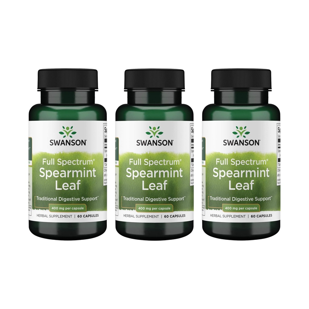 Swanson Spearmint Leaf Full Spectrum Digestive Supplement for Digestive-Comfort-Seeking Adults - 400 mg Mentha Spicata (60 Capsules, 3 Pack)