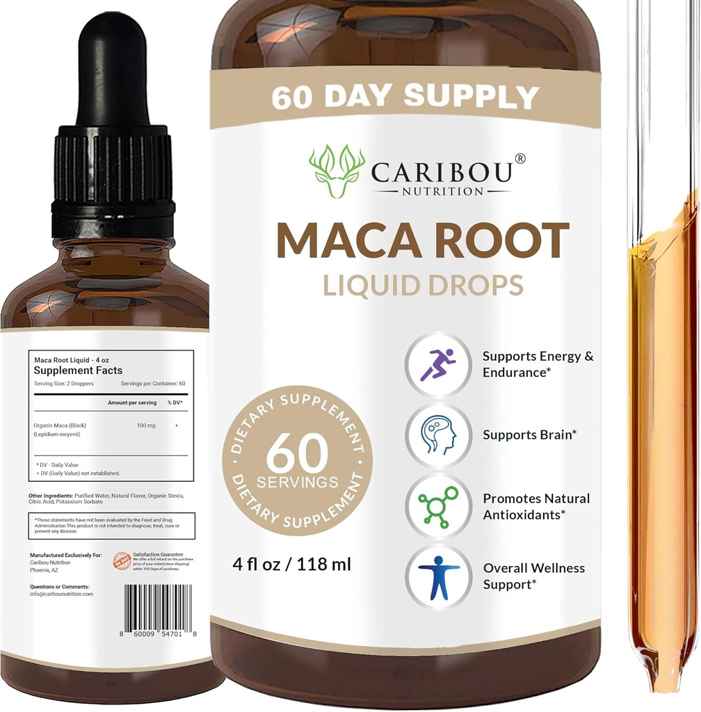 Maca Root Liquid drops   Premium Organic Maca Root Extract | Maca supplement for Enhanced Mood ' Vitality | 60 Servings | 4 Fl Oz