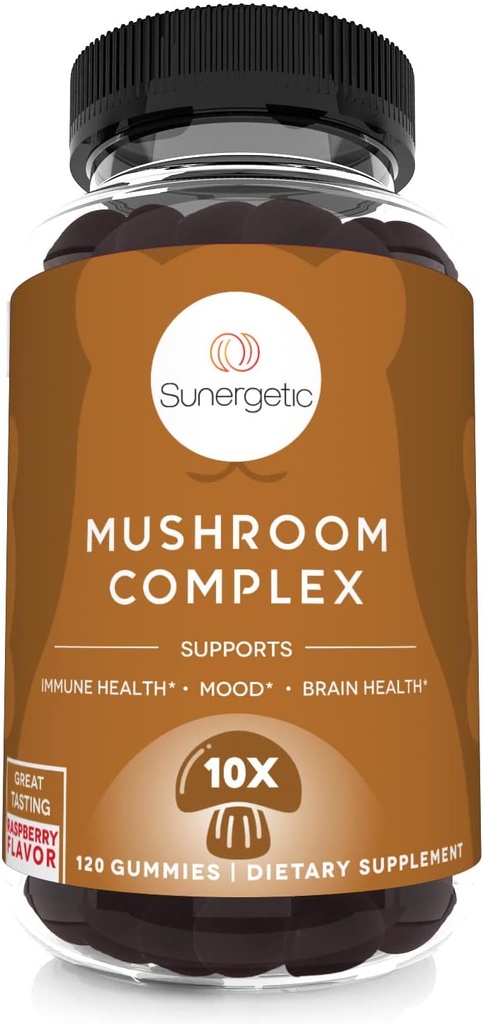 Sunergetic Premium Mushroom Gummies Supplement - Immuuniterveys, aivot, mieliala & stressi tuki - Sienten Blend Lions Mane, Chaga Extract, Reishi, Turkki Tail, Cordyceps (120 Gummies)