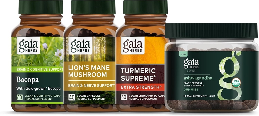 Gaia Herbs Focus Kit - Bacopa, Lion's Mane Mushroom, Ashwagandha Gummies, Turmeric Supreme Extra Putere