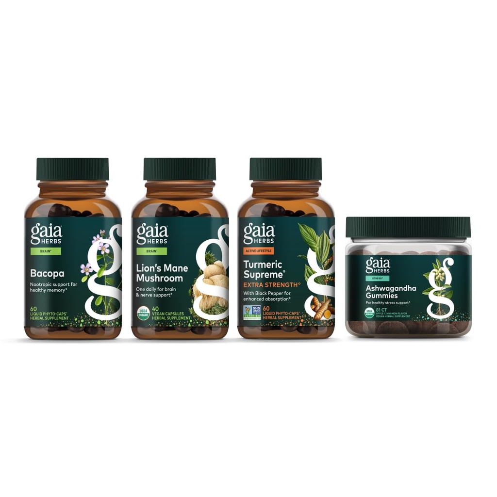 Gaia Herbs Focus Kit - Bacopa, Lion's Mane Mushroom, Ashwagandha Gummies, Turmeric Supreme Extra Strength