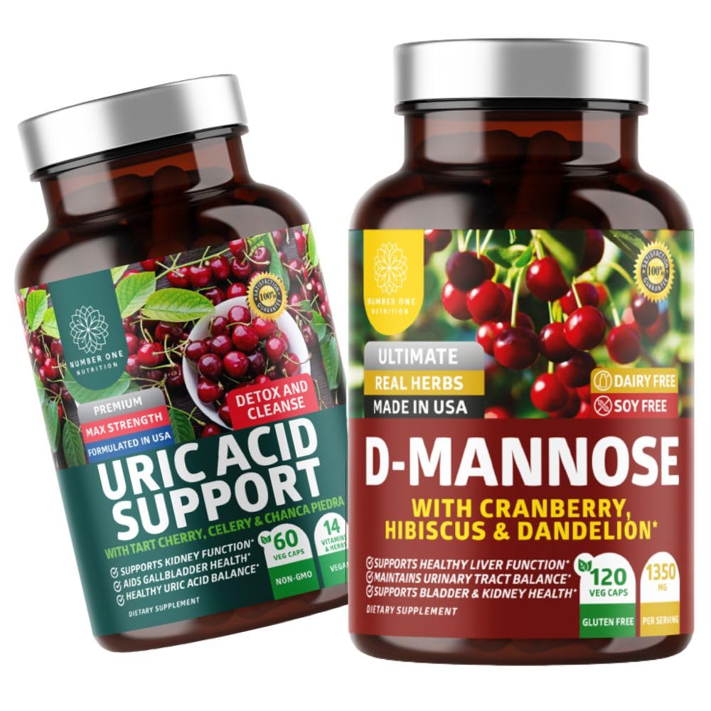 Number One Nutrition N1N Premium D-Mannose with Cranberry & Hibiscus [1350mg], 120 Capsules, and Uric Acid Support with 14 Potent Herbs, 60 Capsules, 2 Pack Bundle