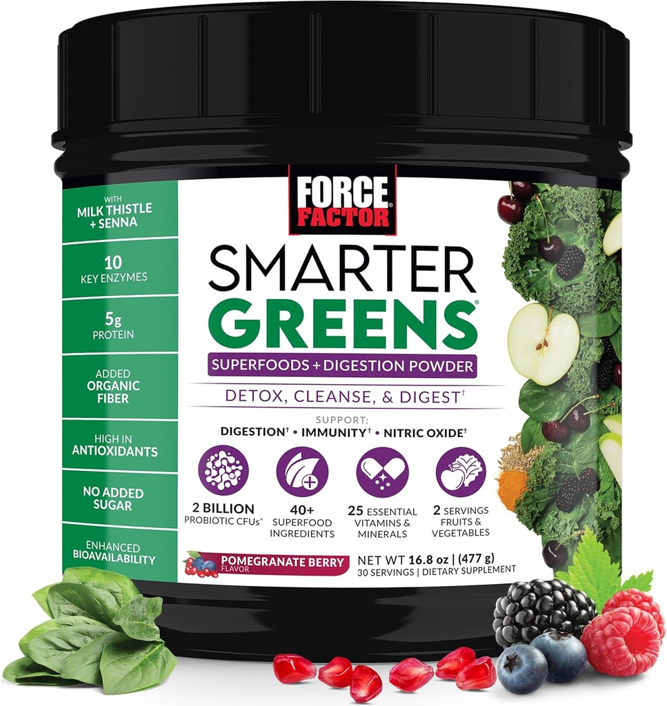 Force Factor Greens Superfoods Powder pentru a sprijini Digestion, Sanatate Gut, Blooting, Greens Powder cu Probiotice, Prebiotice, Enzime digestive, & Adaptogens, rodii Berry, 30 Servings