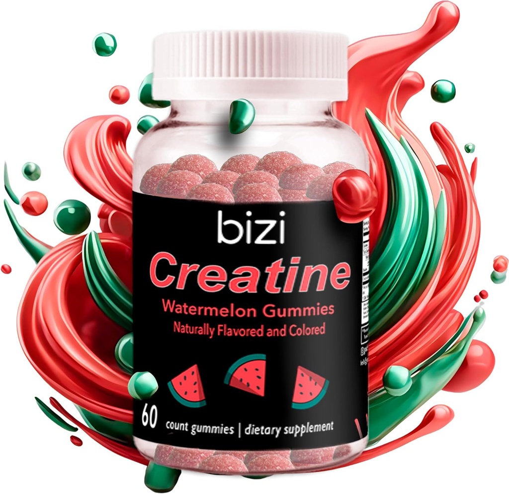 Bizi Creatine Watermelon Gummies for Men & Women, Creatine Monohydrate Gummies, Watermelon Flavor Creatine Gummy, Workout, Muscle Growth, & Recovery Supplement, Vegan & Gluten Free (60 ct)