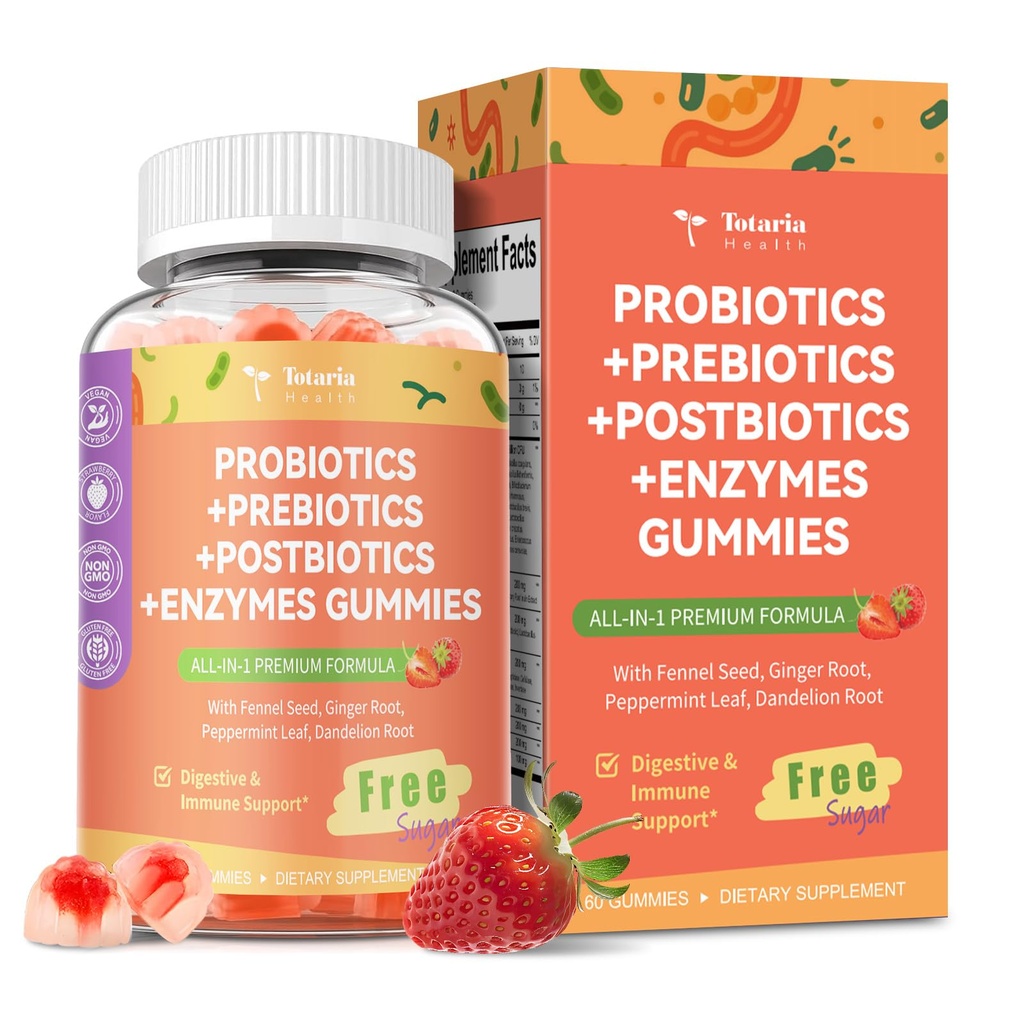 Totaria Sugar Free 5-in-1 Probiotic Prebiotic Postbiotic Gummy, 36 Strains Probiotics for Women Men with Digestive Enzymes, Peppermint, Complete Immune, Gut & Digestive Support, Vegan, 60 Counts